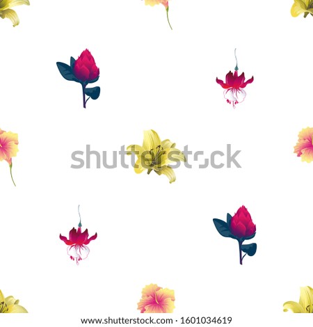 Yellow Lilium. Yellow Hibiscus. Red Fuchsia. Red Vriesea. Vector illustration. Seamless background pattern. Floral botanical flower. Wild leaf wildflower isolated. Exotic tropical hawaiian jungle.