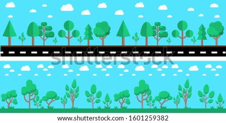 Cartoon city landscape with road and trees. Design element for poster, banner, flyer, animation, motion design. Vector illustration