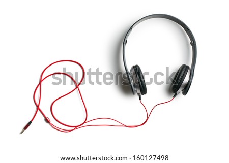 top view of headphones on white background Royalty-Free Stock Photo #160127498