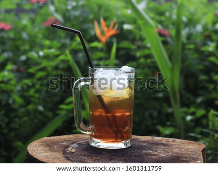 A glass of ice tea on wooden table with garden background. Beverage product photography.