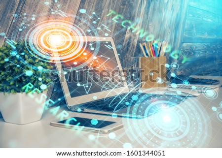 Multi exposure of computer on background and technology theme drawing. Concept of innovation.