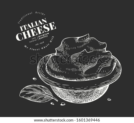 Italian mascarpone illustration. Hand drawn vector dairy illustration. Engraved style cream cheese. Retro food illustration.
