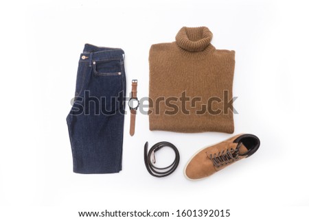 Men's casual outfit. Men's fashion clothing and accessories on white background, flat lay, top view


