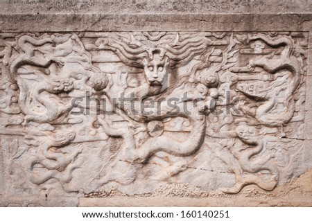 dragons carved in stone tablet in Dongyue Temple, Chaoyang District in Beijing, China