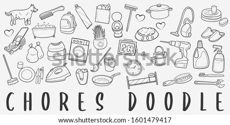 Home Chores Doodle Line Art Illustration. Hand Drawn Vector Clip Art. Banner Set Logos.