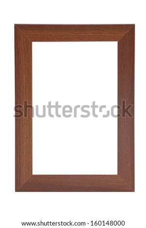 Empty rectangular wooden photo frame with texture and blank white copy space. Isolated on white.