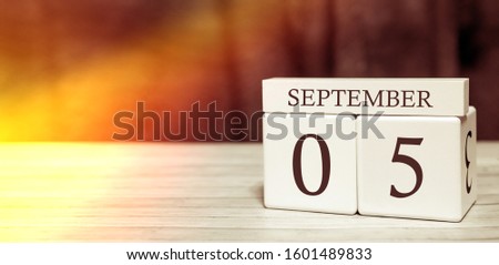 Calendar reminder event concept. Wooden cubes with numbers and month on September 5 with sunlight.