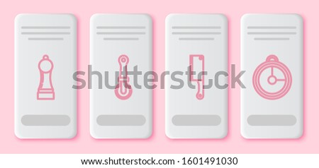 Set line Pepper , Pizza knife , Meat chopper  and Kitchen timer . White rectangle button. Vector