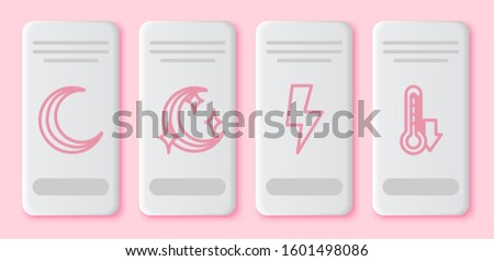 Set line Moon and stars, Moon and stars, Lightning bolt and Thermometer. White rectangle button. Vector