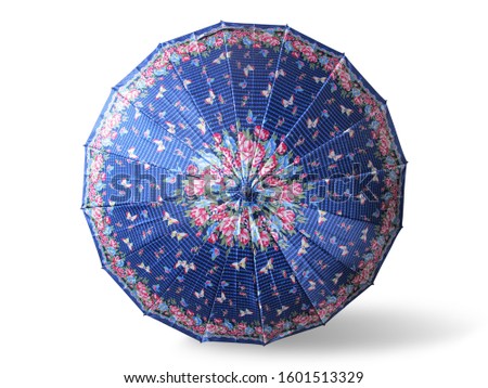                                
Blue umbrella with butterflies and flowers pattern isolated