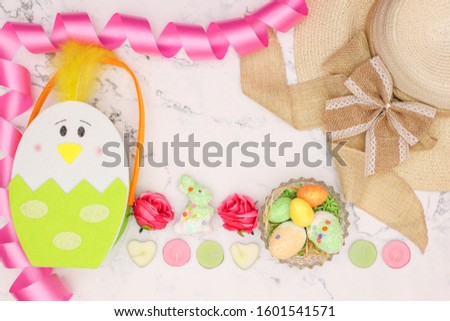 Happy Easter - Easter pastel colored decoration with decorative rabbit and eggs 