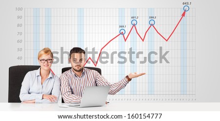 Young businessman and businesswoman calculating stock market with rising graph in the background