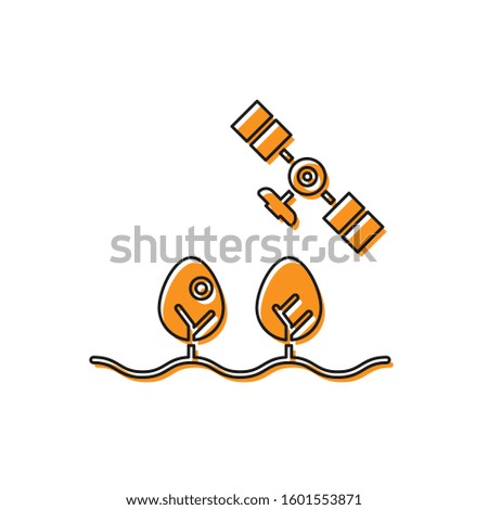 Orange Smart farm with drone control and tree icon isolated on white background. Innovation technology for agricultural company.  Vector Illustration