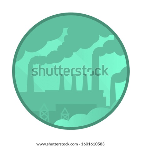 Smoky industrial pipes. Air and atmosphere pollution. Green tones. Vector round illustration on the topic of environmental problems.