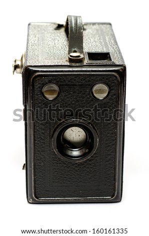 Old black box camera with sheet on white background