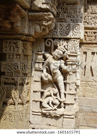 Carvings and sculptures on the wall of the queen's Step well known as Rani ki vav at Patan, Gujarat, India