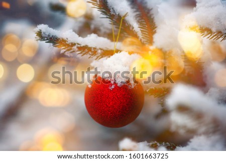 Christmas tree toy on a snowy branch - red ball