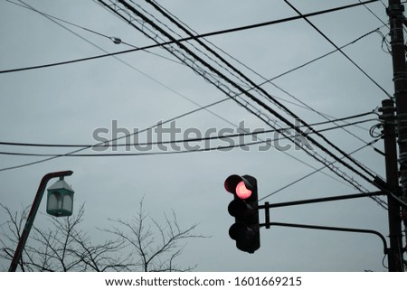 Traffic light close up with red signal. Traffic light on the background of sky in Hakodate, Hokkaido.