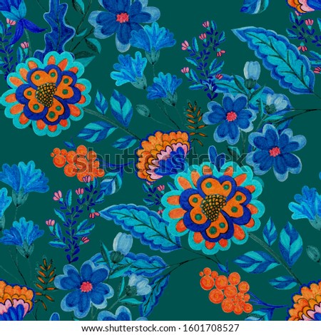 Watercolor seamless pattern with flowers in ethnic style. Floral decoration. Traditional paisley pattern. Textile design texture.Tribal ethnic vintage seamless pattern. 