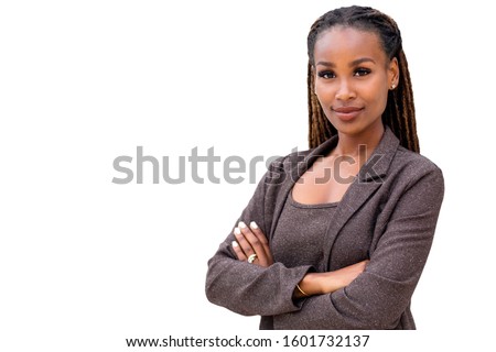 African American female company leader CEO boss executive standing confident with ambition and pride on white background