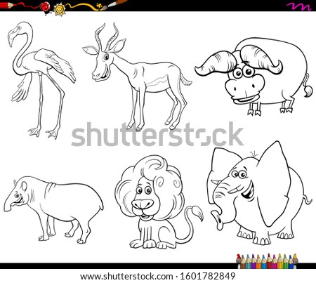 Black and White Cartoon Illustration of Funny Wild Animals Comic Characters Set Coloring Book Page