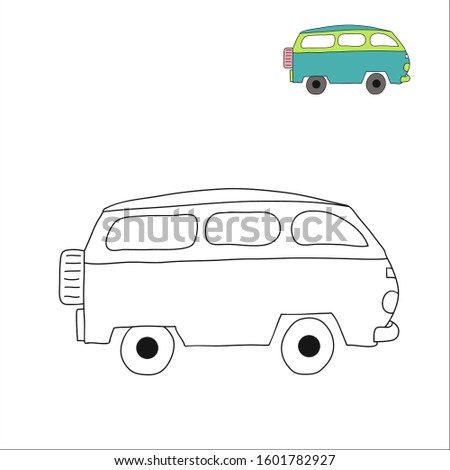Nice car party busю with an example. Coloring book for children. Machine isolated on a white background. Vector hand drawn illustration