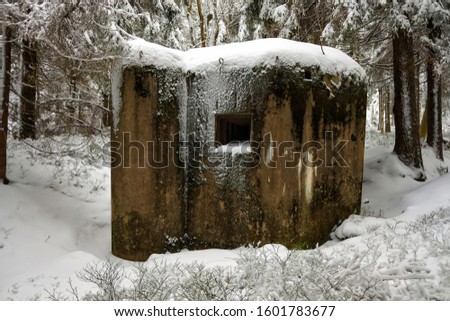 Old military bunker from WWII in winter forest.