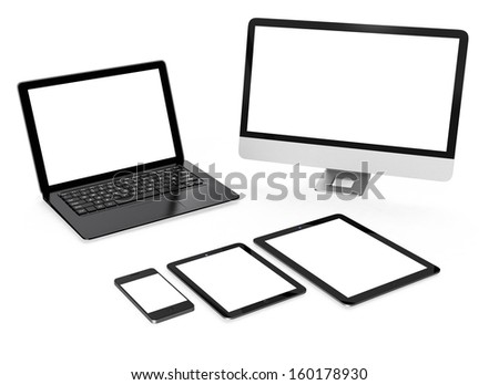 Desktop computer, laptop,smart phone and tablet PC with blank space for text edit.