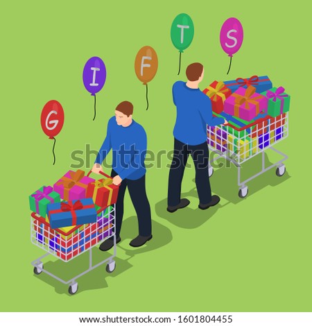 Men with a shopping cart in isometric view. Two identical men with gifts in trolleys.