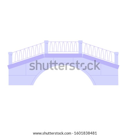 Stone bridge isolated in white background with forged grate and arch. City element. Vector illustration in flat design.