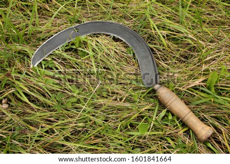 Historic sickle for cutting grass. Royalty-Free Stock Photo #1601841664