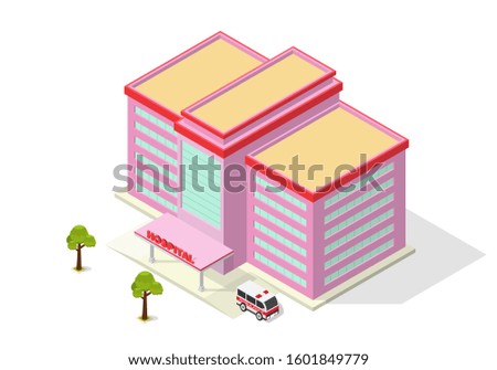 Vector isometric modern hospital building with ambulance