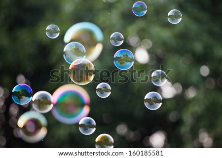 Soap Bubbles in front of the forest  Royalty-Free Stock Photo #160185581