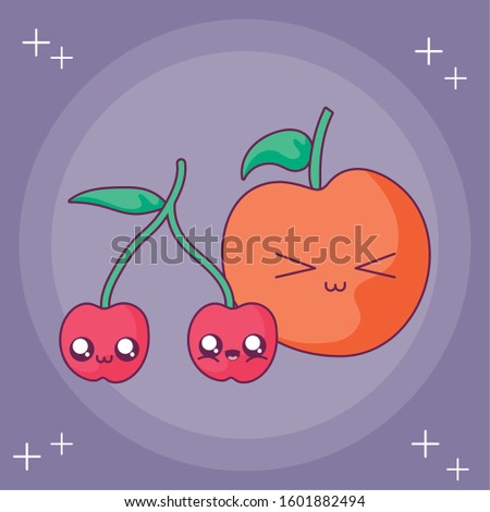 apple and cherry cartoon design, Kawaii expression cute character funny and emoticon theme Vector illustration