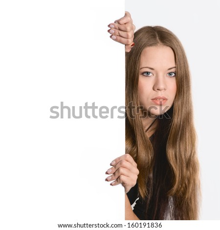 beautiful young woman showing blank signboard, isolated over white background