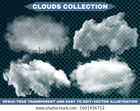 Isolated clouds on a blue sky background. Bright template with soft colors. Vector illustrations collection. White realistic natural and transparent elements. Thunderclouds or smoke.