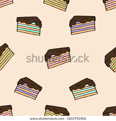 Colorful Cake Bakery Sweet Food Hand Drawn Doodle Cartoon Vector Outline Seamless Pattern Print Isolated Elements Pastel Pink Background
