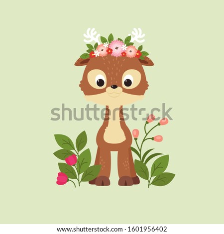 Cute deer in floral crown. Fawn cartoon vector illustration. 