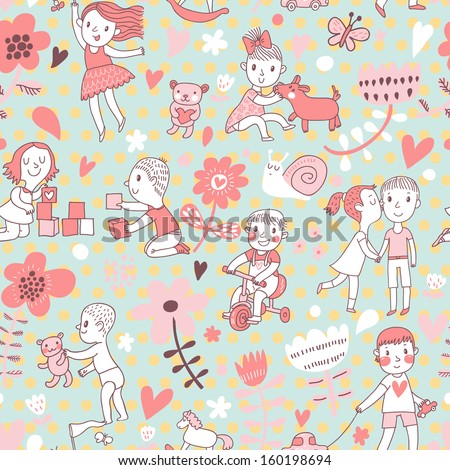 Childish cartoon seamless pattern with boys, girls, love, kiss, horse, dog, snail, bear and flowers. Seamless pattern can be used for wallpapers, pattern fills, web page backgrounds, surface textures.