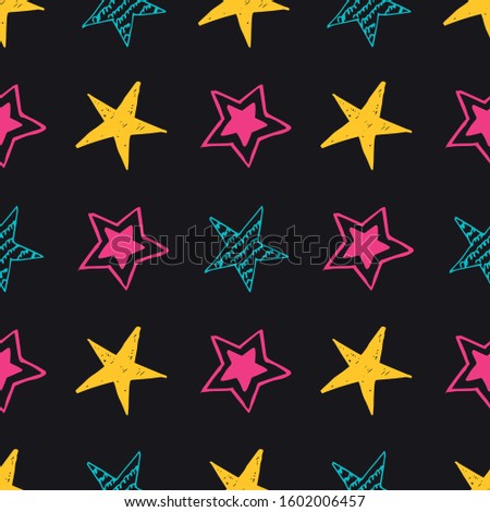 Seamless background of doodle stars. Multicolor hand drawn stars on black background. Vector illustration