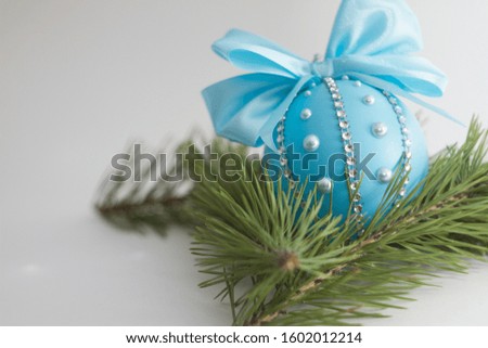 Christmas ball on a white background, spruce branches, isolate, Christmas decorations