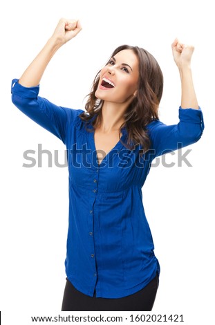 Happy excited gesturing young confident businesswoman, isolated over white background. Caucasian brunette model in business concept studio picture. 