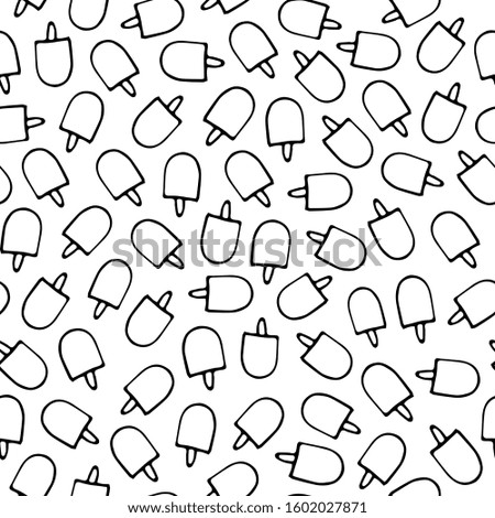 Ice Cream Sweet Food Hand Drawn Doodle Cartoon Vector Outline Seamless Pattern Print Isolated Elements Black White Background