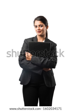 Indian / asian business woman with file or folder, standing isolated over white background