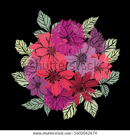 Decorative hand drawn dahlia flowers, design elements. Can be used for cards, invitations, banners, posters, print design. Floral background in line art style