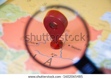 Xian city in focus on china map through magnify glass 3d printed location tag icon with Xian city Discover china travel Xian Tourism in china