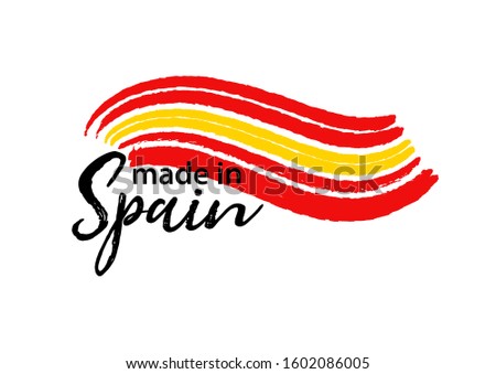 Vector badge Made in Spain on national colors flag isolated on white background. Red and yellow grunge hand drawn flag of Spain and text. Spanish made label, tag, icon, template. 