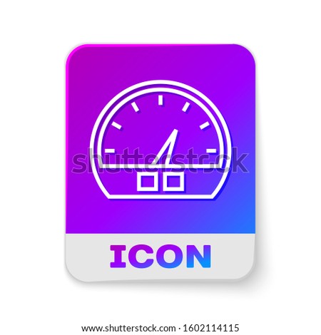 White line Speedometer icon isolated on white background. Rectangle color button. Vector Illustration