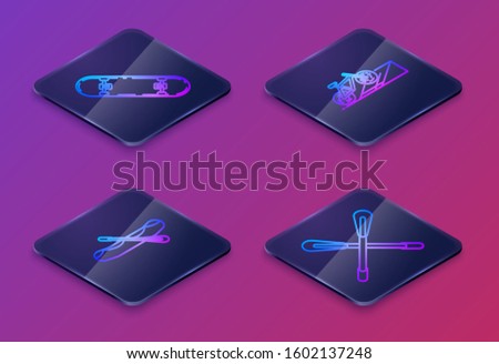 Set Isometric line Skateboard trick, Rafting boat, Bicycle on street ramp and Crossed paddle. Blue square button. Vector