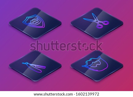 Set Isometric line Mustache and beard on shield, Straight razor, Scissors hairdresser and Mustache and beard. Blue square button. Vector
